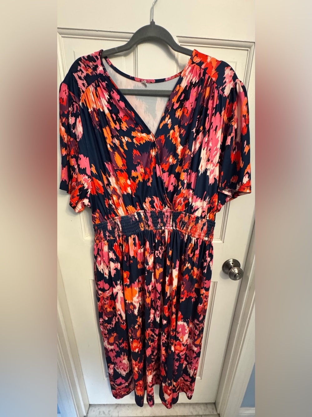 Floral Print Navy Wrap-Front Midi Dress in Pink & Orange